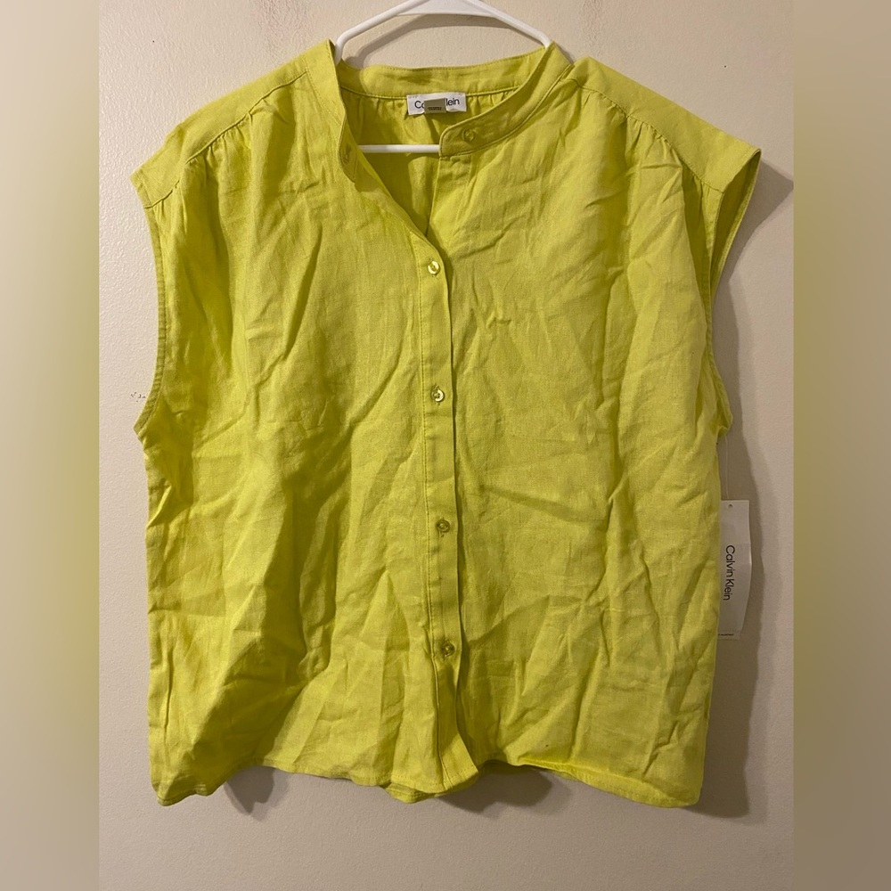 New‎ NWT Calvin Klein Sleeveless Button Up Shirt Pear Green Womens Size Large